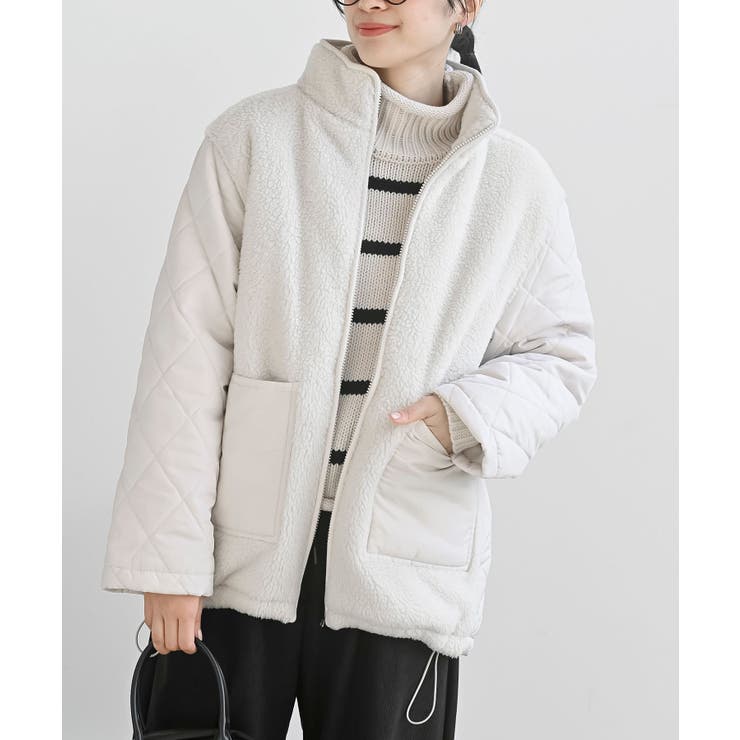 アイボリー | ボア×キルト切替ジップスタンドブルゾン | rps