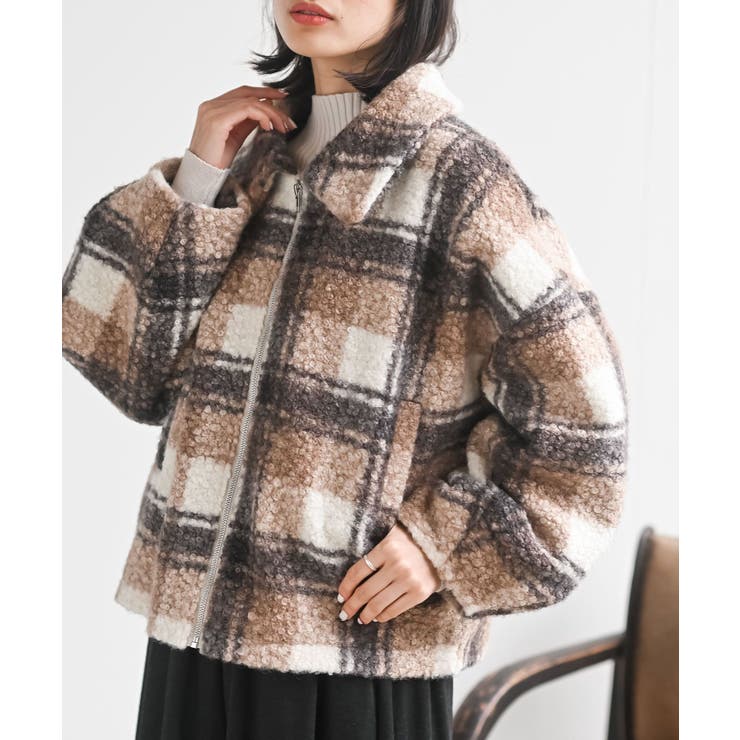 ベージュ | チェック柄ボアショートジャケット | rps