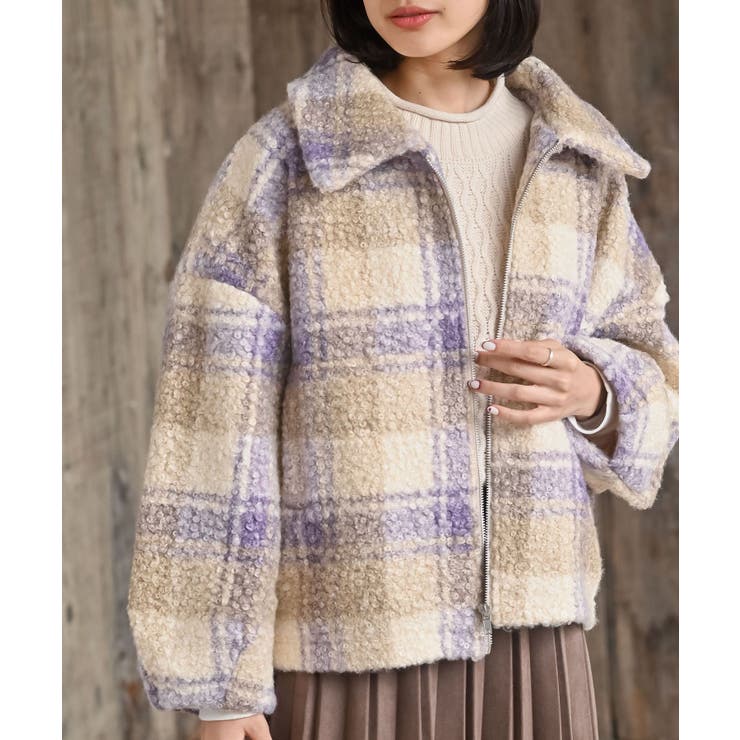 パープル | チェック柄ボアショートジャケット | rps