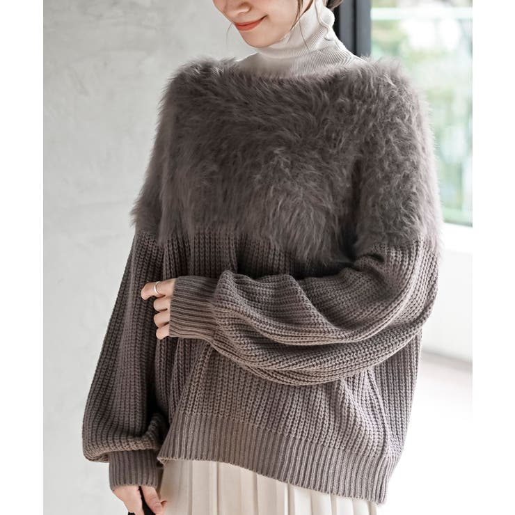 グレージュ | 編地切替シャギーニットプルオーバー | rps