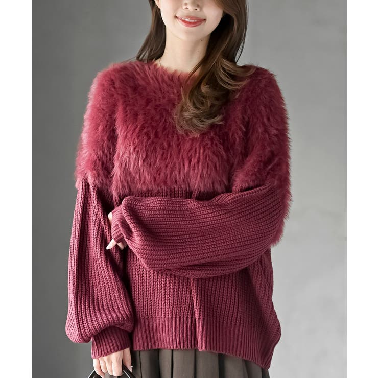 ボルドー | 編地切替シャギーニットプルオーバー | rps