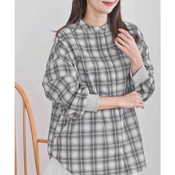 ブラック | リブ使いバンドカラーチェックシャツ | rps