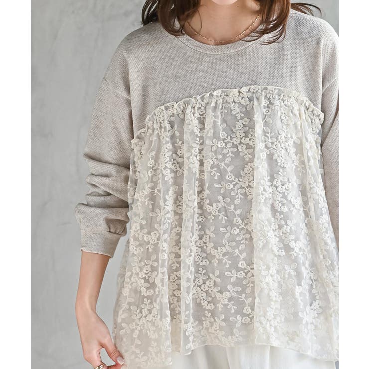 鹿の子ニットソー×刺繍オーガンジー切替プルオーバー | rps | 詳細画像17 