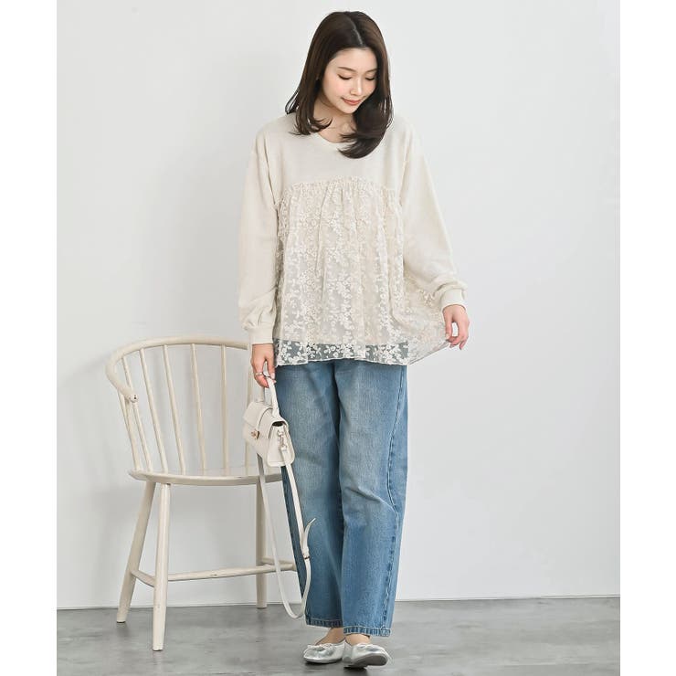 鹿の子ニットソー×刺繍オーガンジー切替プルオーバー | rps | 詳細画像2 