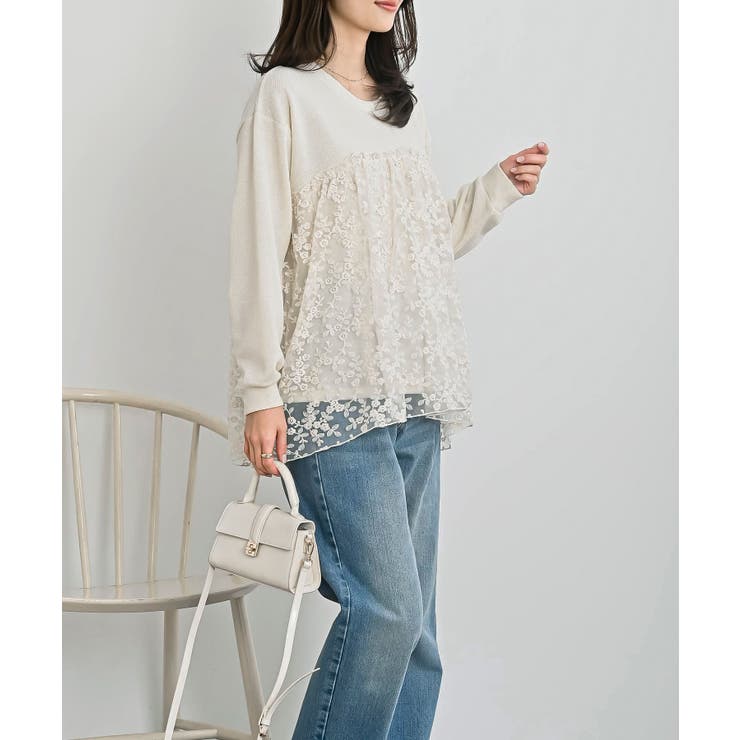 鹿の子ニットソー×刺繍オーガンジー切替プルオーバー | rps | 詳細画像3 