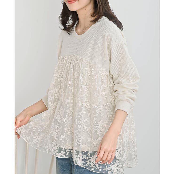 アイボリー | 鹿の子ニットソー×刺繍オーガンジー切替プルオーバー | rps