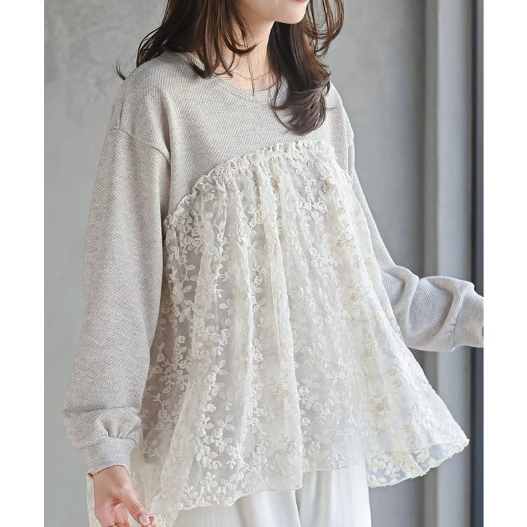 ベージュ | 鹿の子ニットソー×刺繍オーガンジー切替プルオーバー | rps