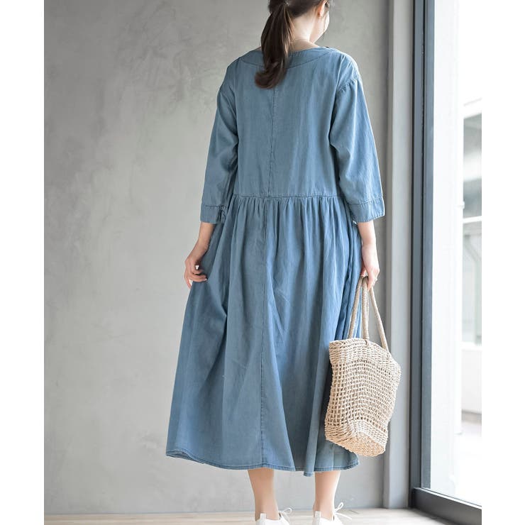 ウエスト切替７分袖デニムギャザーワンピース | rps | 詳細画像14 