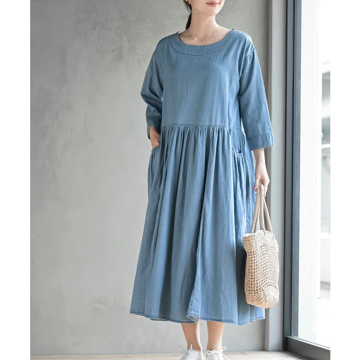ブルー | ウエスト切替７分袖デニムギャザーワンピース | rps