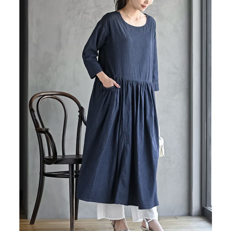 ネイビー | ウエスト切替７分袖デニムギャザーワンピース | rps