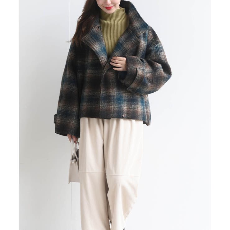 チェック柄ショート丈スタンドカラーコート[品番：RPSW0000438]｜rps