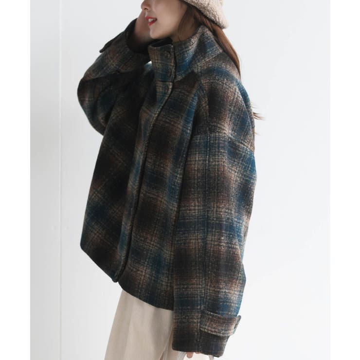 チェック柄ショート丈スタンドカラーコート[品番：RPSW0000438]｜rps