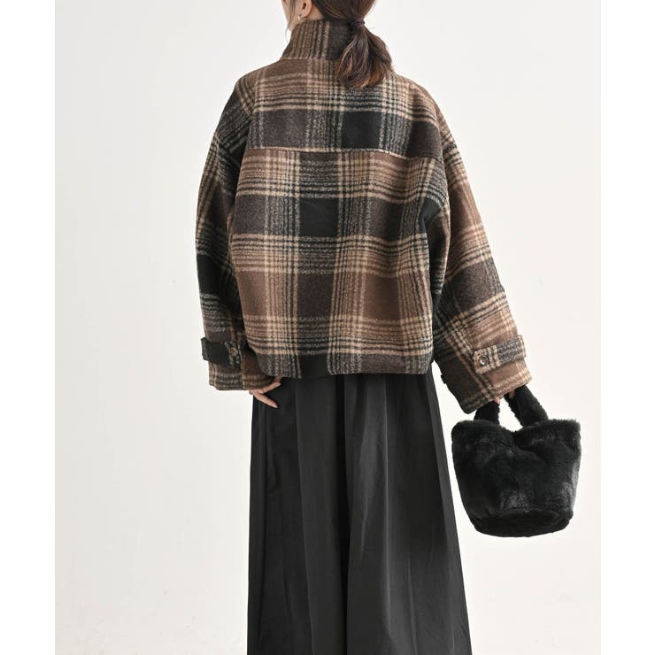 チェック柄ショート丈スタンドカラーコート[品番：RPSW0000438]｜rps