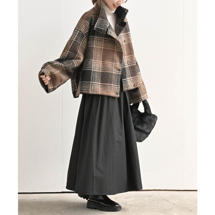 チェック柄ショート丈スタンドカラーコート[品番：RPSW0000438]｜rps