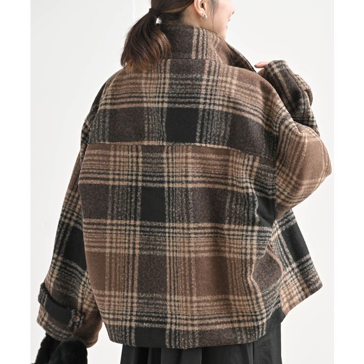チェック柄ショート丈スタンドカラーコート[品番：RPSW0000438]｜rps