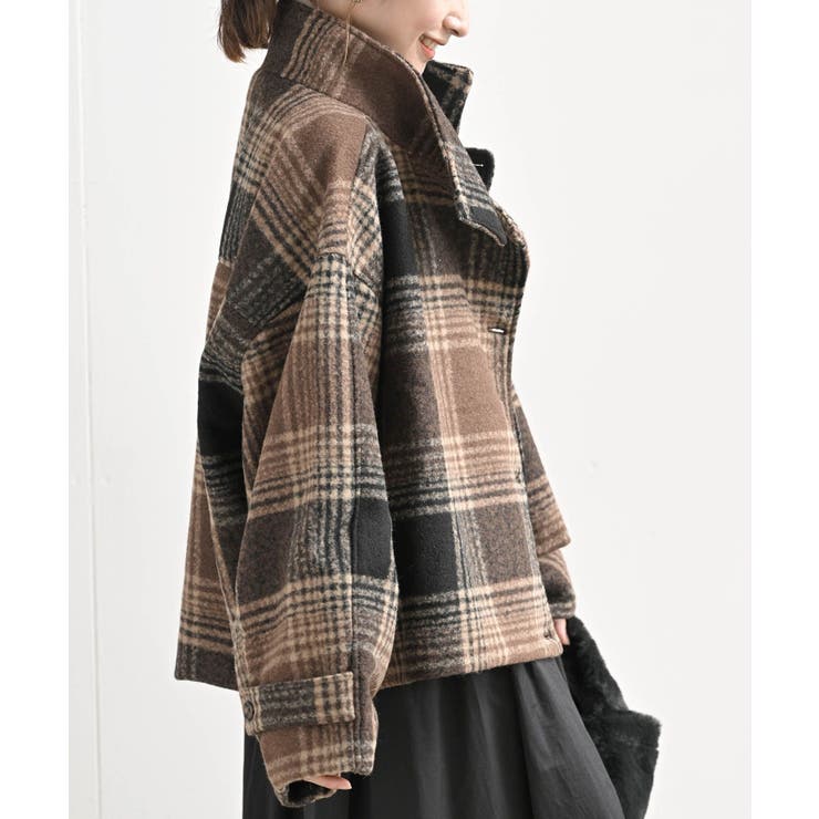チェック柄ショート丈スタンドカラーコート[品番：RPSW0000438]｜rps