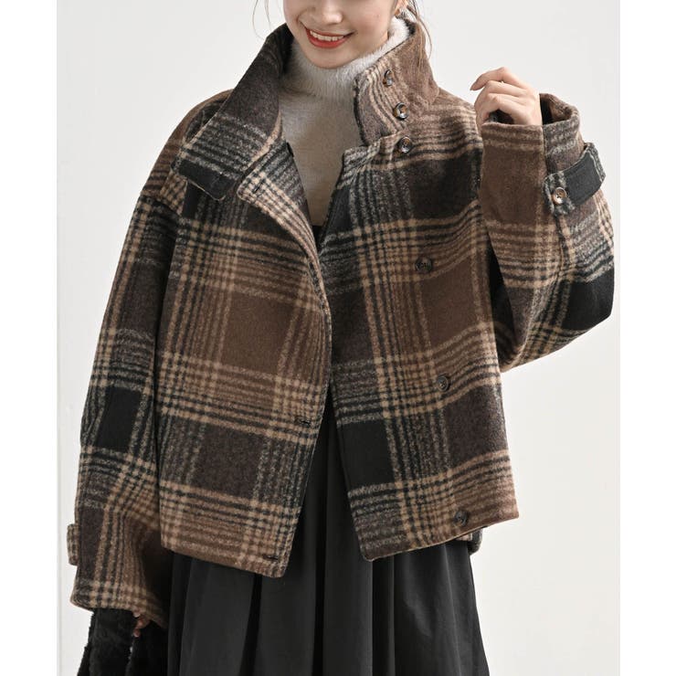 チェック柄ショート丈スタンドカラーコート[品番：RPSW0000438]｜rps