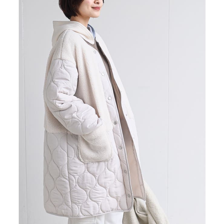 アイボリー | ボア×ウェーブキルト切替ノーカラーコート | rps