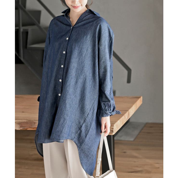 ネイビー | リボン袖デニムシャツチュニック | rps