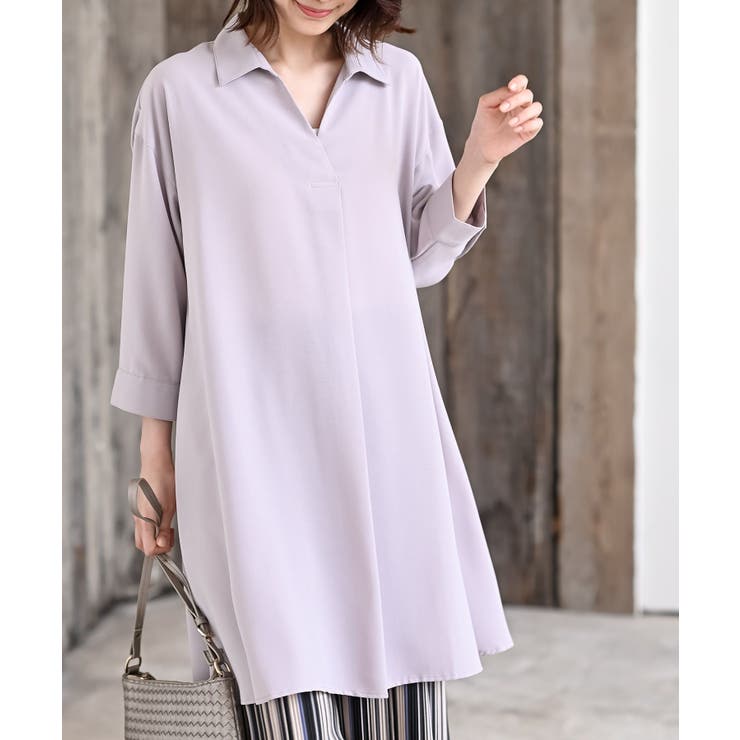 グレージュ | ７分袖スキッパーシャツワンピース | rps