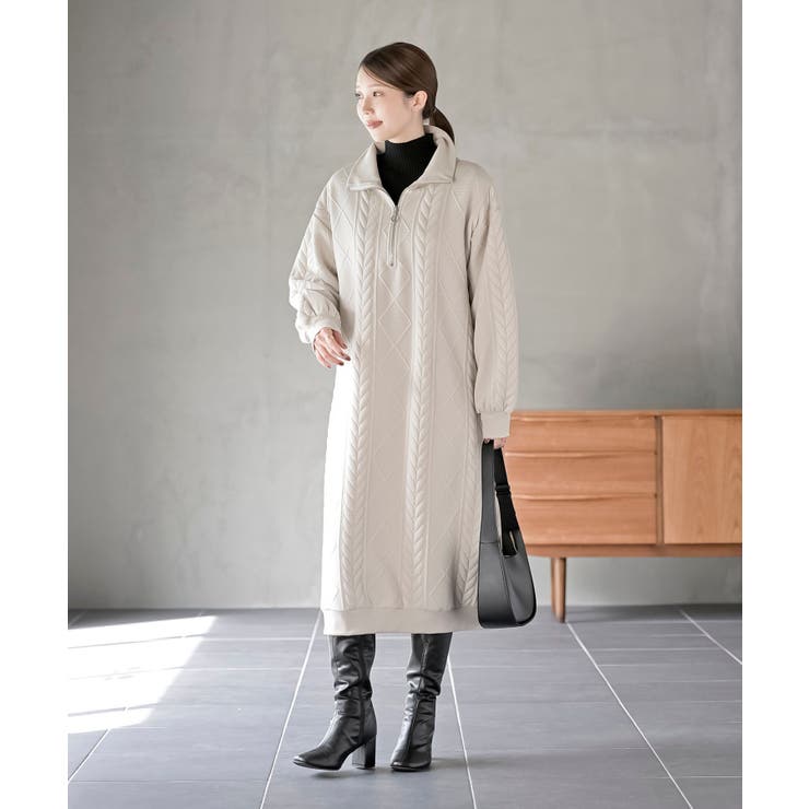 ふくれジャガードハーフZIPワンピース[品番：RPSW0004092