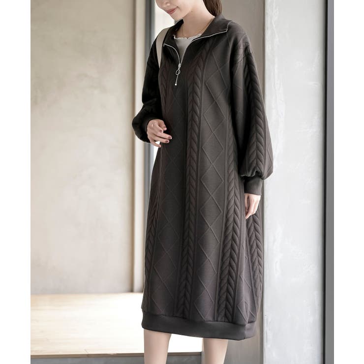 高級赤タグ✨シビラ　ジャガードロングワンピース　コート　ベルトリボン　ネイビー ふくれジャガードハーフZIPワンピース[品番：RPSW0004092