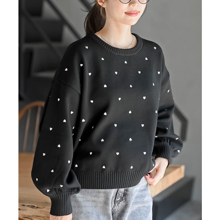 ブラック | ハート刺繍スポンジニットプルオーバー | rps