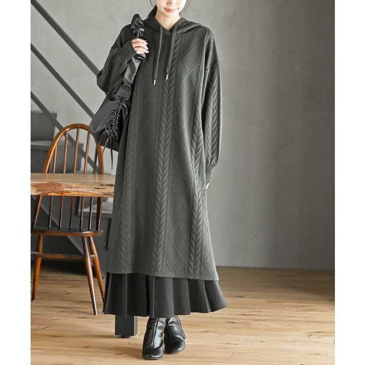 カーキ | ケーブル柄パーカーワンピース | rps