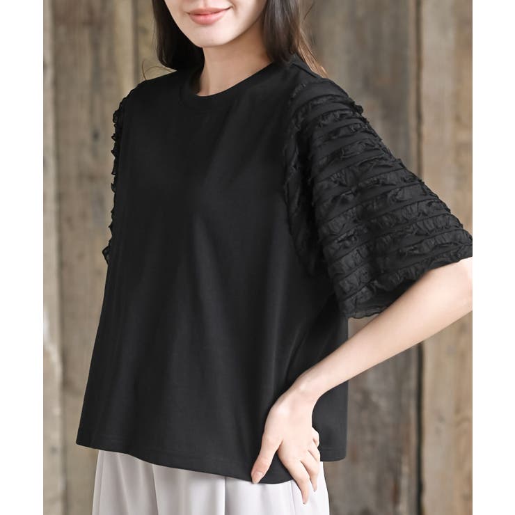 ブラック | フリルジャガードスリーブ半袖Ｔｅｅ | rps