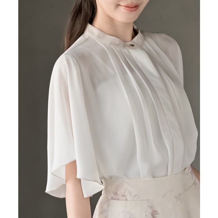 オフホワイト | フロントタックバイカラーフレアー袖ブラウス | rps