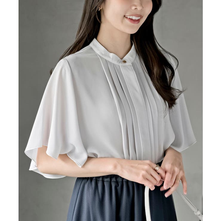 グレー | フロントタックバイカラーフレアー袖ブラウス | rps