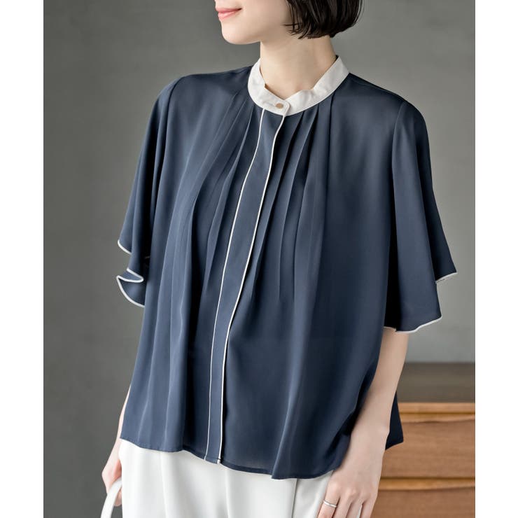 ネイビー | フロントタックバイカラーフレアー袖ブラウス | rps