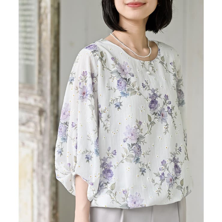 パープル | 花柄７分袖バルーンブラウス | rps