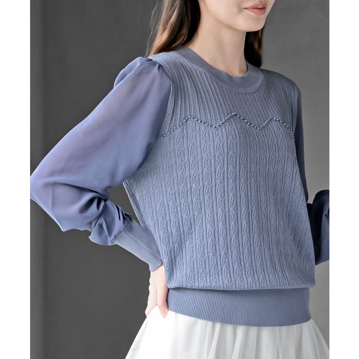 ブルー | シアーボリューム袖ニットプルオーバー | rps