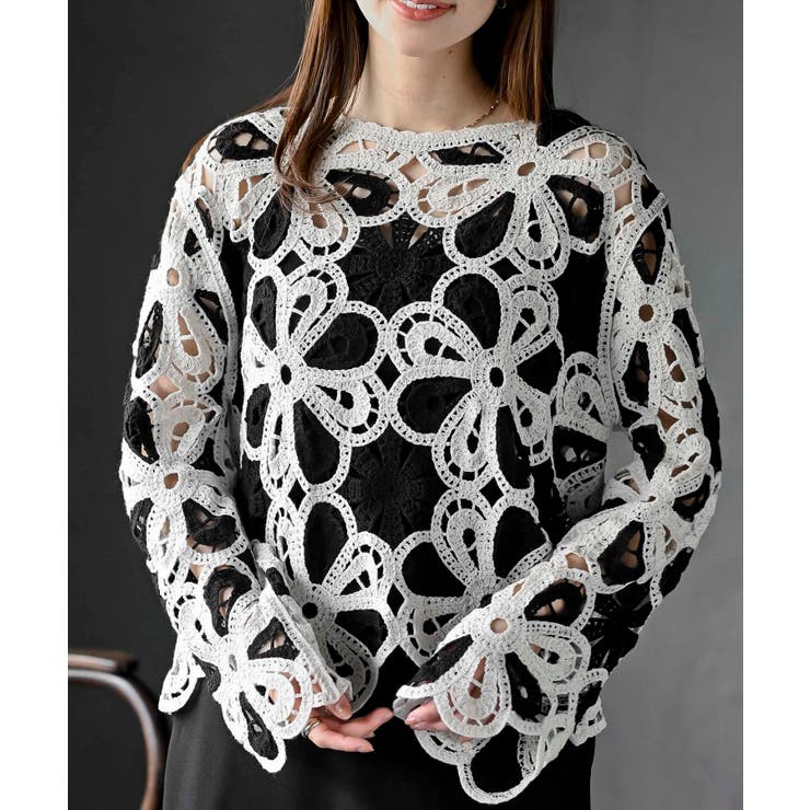 ブラック | カギ針花柄プルオーバー | rps