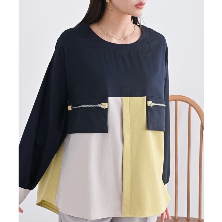 ネイビー | ダブルジップポケット配色ブラウス | rps