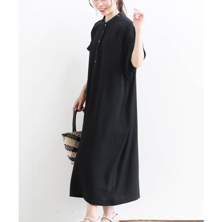 バンドカラーシャツワンピース NAVY M(FREE) メッセージ刺繍 バンドカラー 半袖シャツワンピース（シャツ