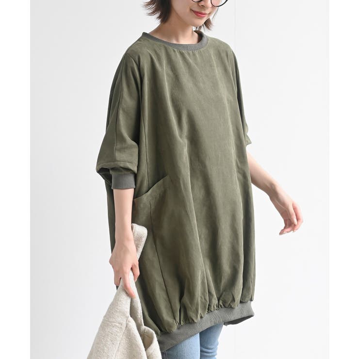 カーキ | ピーチ起毛リブ使いゆったりチュニック | rps