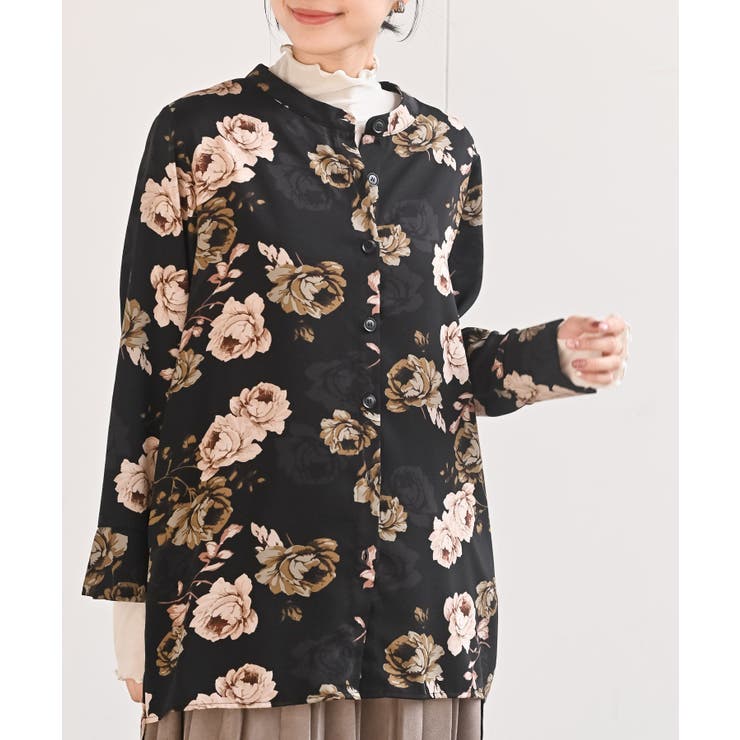 ブラック | アソートプリントバンドカラーチュニックブラウス | rps