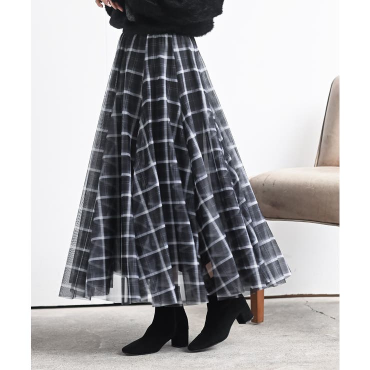 ブラック | チェックチュールたっぷりフレアースカート | rps