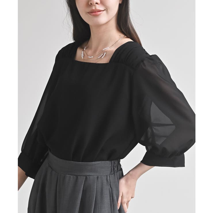 ブラック | スクエアーネックギャザー５分袖ブラウス | rps
