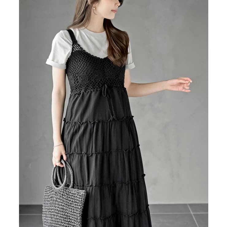 メッシュレース切替ティアードキャミワンピース[品番：RPSW0002547