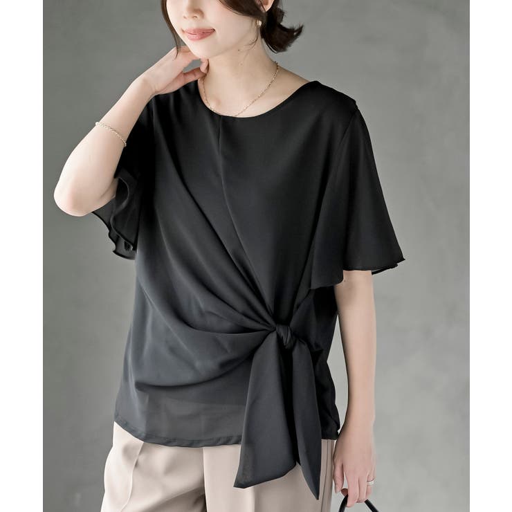 ブラック | 前結びリボンフレアー袖ブラウス | rps