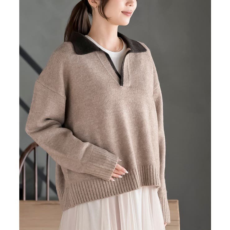 グレージュ | 配色スキッパーニットプルオーバー | rps