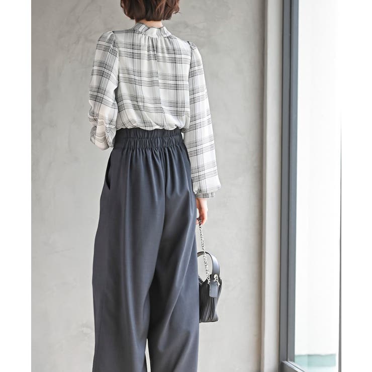 シフォンチェック柄バルーンスリーブブラウス[品番：RPSW0003440