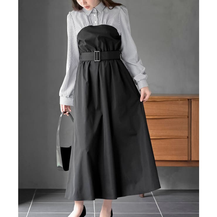 ブラック | 無地×ストライプシャツドッキングワンピース | rps