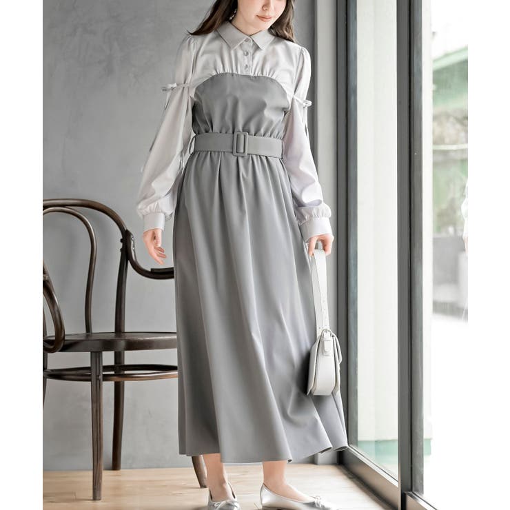 異素材切替リボン袖ドッキングワンピース | rps | 詳細画像1 