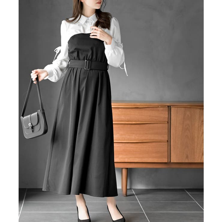 ブラック | 異素材切替リボン袖ドッキングワンピース | rps