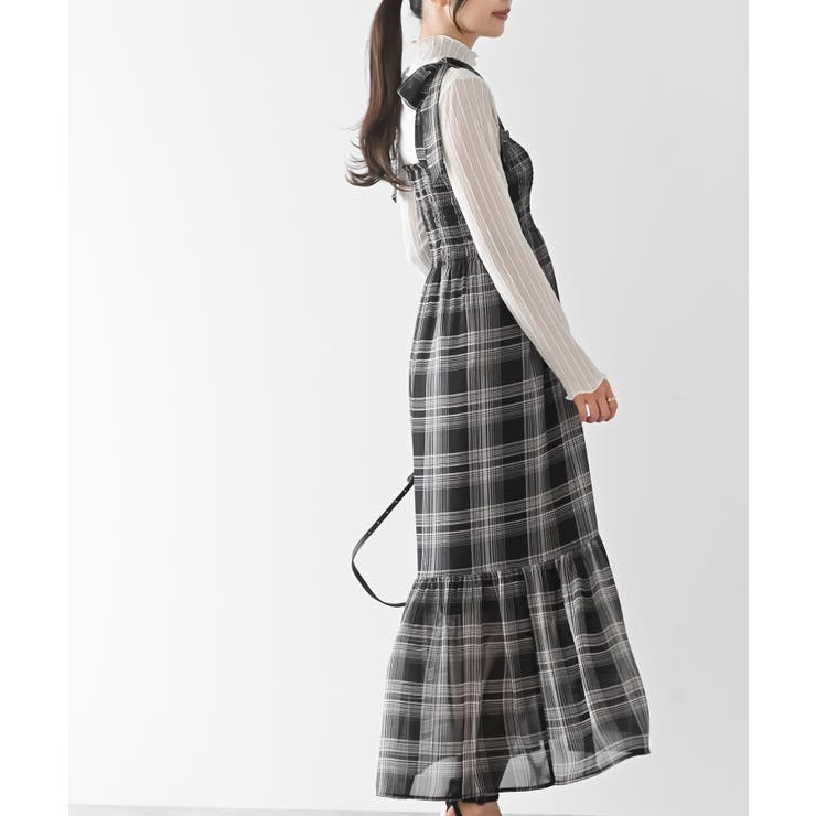 シフォンチェック柄シャーリング肩リボンワンピース[品番