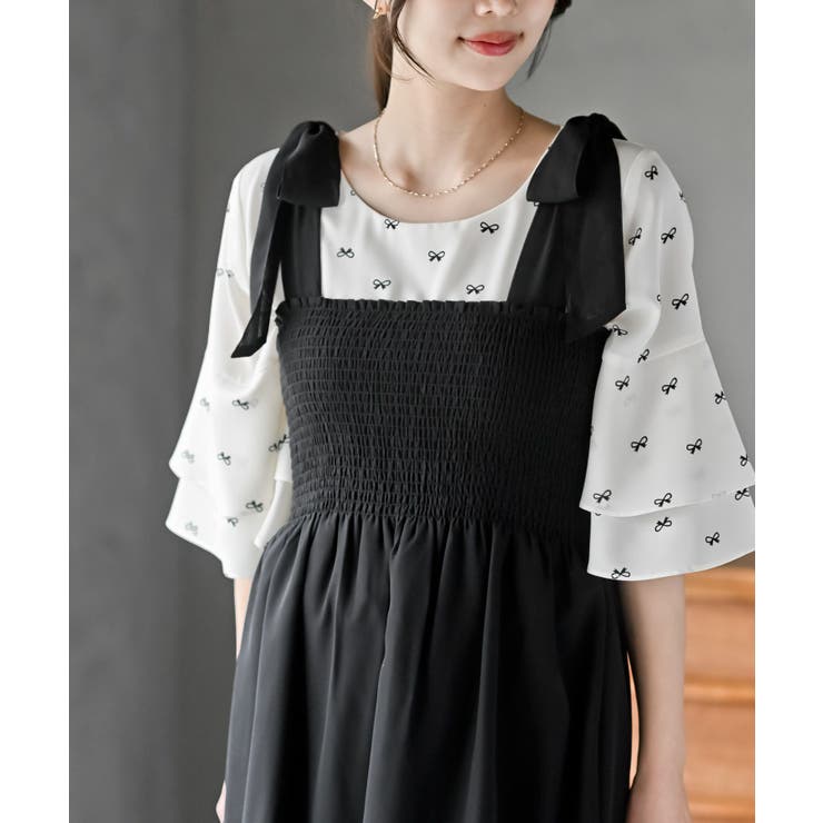 *paris* 2WAY シャーリング リボン ワンピース＆ロングスカート paris* 2WAY シャーリング リボン ワンピース＆ロングスカート
